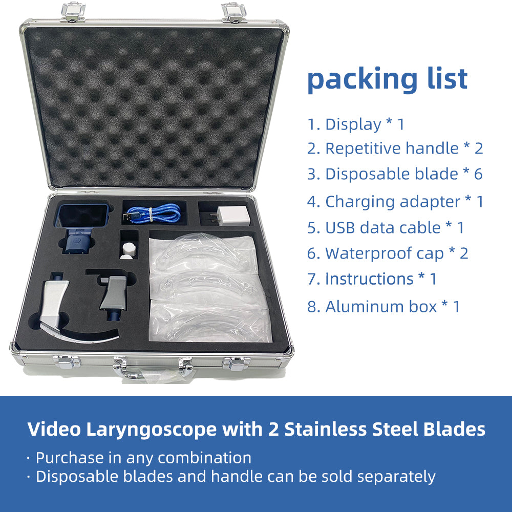 Videolaringoscópio descartável para intubação, com tela de 3,5 polegadas, 2 cabos reutilizáveis ​​e 6 lâminas descartáveis.