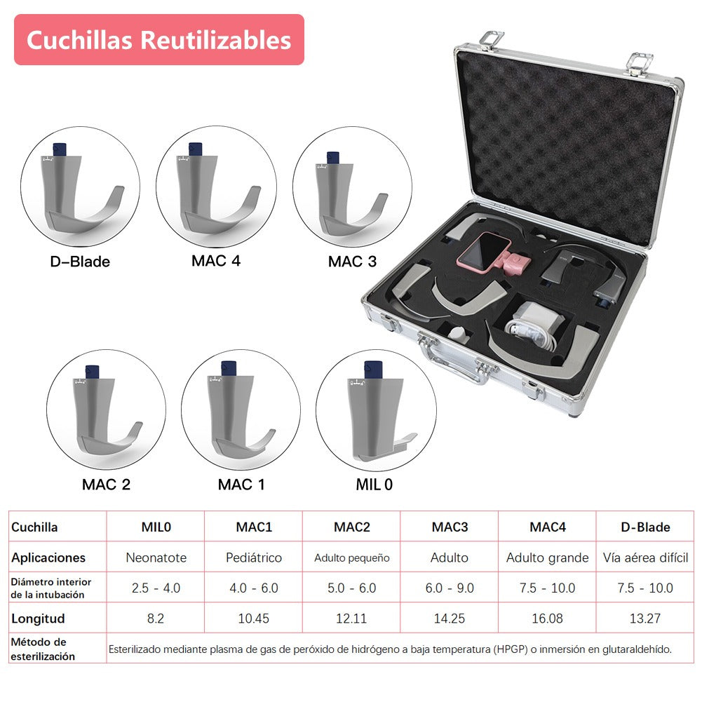 Videolaringoscópio reutilizável para intubação, tela de 3,5 polegadas com 6 lâminas opcionais.